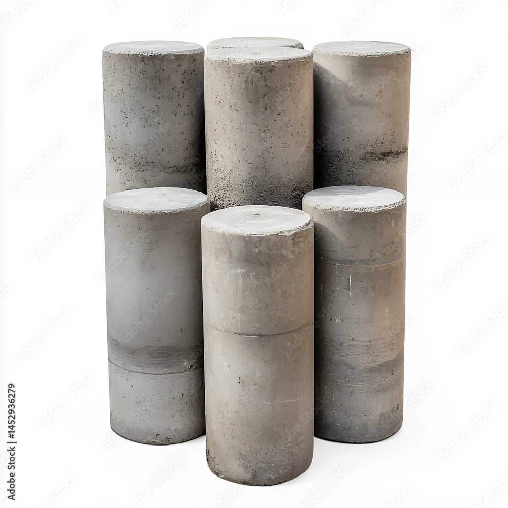 Naklejka premium Eight Gray Concrete Cylindrical Blocks on White Background
