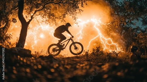 Silhouette of mountain biker during a dramatic storm