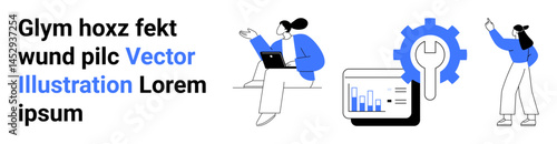 Two people engaging with data and tools, analytics screen, and gear icon. Ideal for teamwork, analytics, productivity, digital solutions, strategy, innovation simple landing page