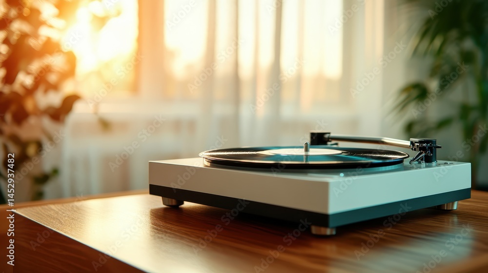A modern vinyl record player sits on a wooden table, bathed in warm sunlight, creating an inviting atmosphere that highlights nostalgia and love for music. A modern vinyl record player sits on a wooden table, bathed in warm sunlight, creating an inviting atmosphere that highlights nostalgia and love for music.