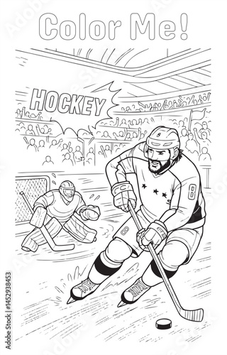 Detailed hockey coloring page showing a professional player in jersey number 8 scoring a goal, with a goalie trying to block the puck in a packed stadium.