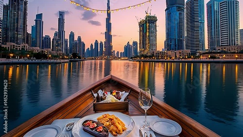 Luxurious Dining Experience on a Boat with City Skyline at Sunset in Dubai