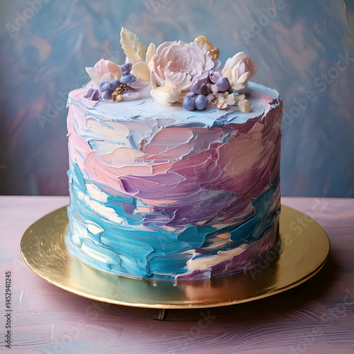 Painted Cake with Acrylic Brush Strokes in Pastel Colors, Pink, Purple & Blue, With Flowers on Top, Cream Cake, Birthday Cake, Wedding Cake, Small Cake, Creative Cake, Food, Desserts, Decorated