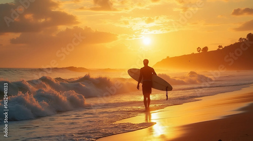Surfer on Beach at Sunset with Waves, Generate AI