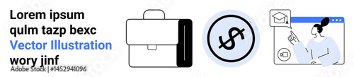 Business briefcase, currency symbol inside circular badge, and a woman pointing at an online education screen. Ideal for business, finance, education, startups, e-learning, professionalism