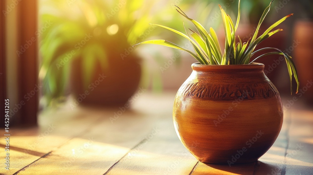 Fototapeta premium Green plant in terracotta pot with sunlight