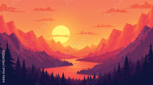 Vibrant Abstract Sunset with Geometric Shapes, Generate AI
