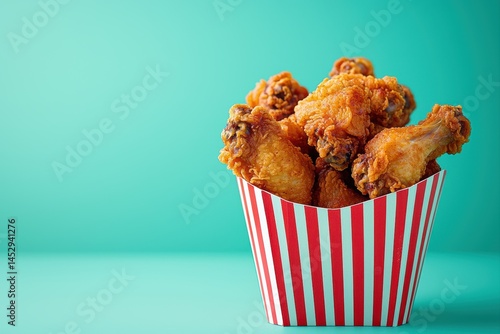 Crispy fried chicken wings stacked in a red striped container on teal