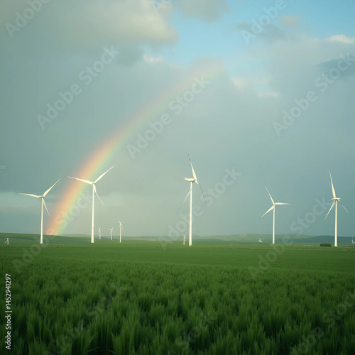 Wind Turbines with Rainbow in Green Field, Generate AI