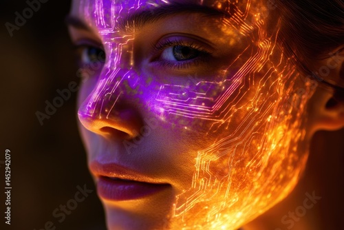 Woman's face with circuit board patterns in vibrant purple and orange, symbolizing technology's integration with humanity, creating a futuristic aesthetic.