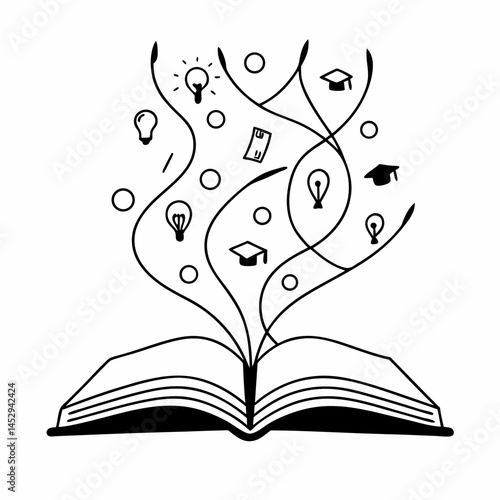 Continuous Line Drawing of an Open Book with Knowledge Symbols Flowing Out, Concept for Lifelong Learning and Education.