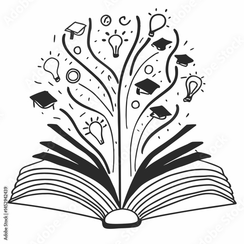Continuous Line Drawing of an Open Book with Knowledge Symbols Flowing Out, Concept for Lifelong Learning and Education.