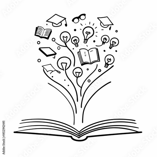 Continuous Line Drawing of an Open Book with Knowledge Symbols Flowing Out, Concept for Lifelong Learning and Education.