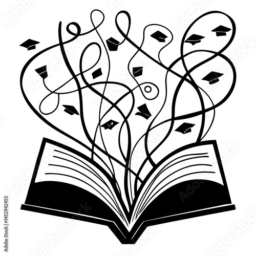 Continuous Line Drawing of an Open Book with Knowledge Symbols Flowing Out, Concept for Lifelong Learning and Education.