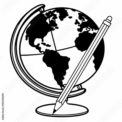 Simple Line Drawing of a Globe and Pencil, Emphasizing Geography Education and Learning About the World.