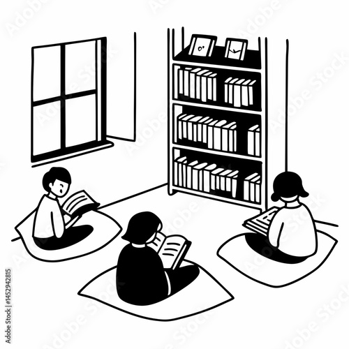 Linear Illustration of Children Reading Books in a Library, Promoting Literacy and the Joy of Reading in Education.