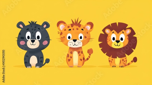 Cute cartoon animals, adorable leopards and lion
