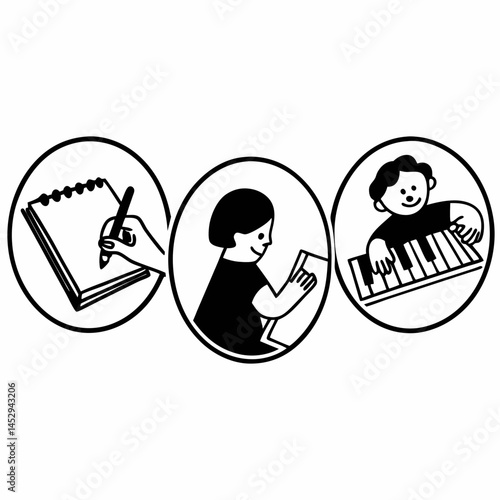 Thin Line Icons Depicting School Activities Like Writing, Painting, and Playing Music, Suitable for Elementary Education Materials.