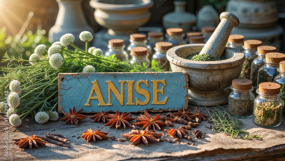 sign with inscription anise, fresh herbs on table, sunny day