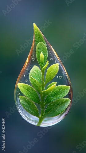 Ideal for illustrating macro shots of natural in organic environments, A vibrant green leaf encapsulated in a water droplet. Macro photography of natural organic