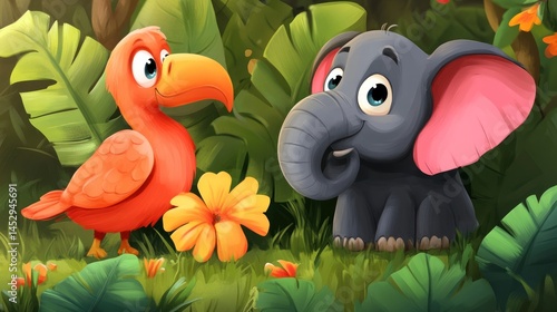 Jungle friends, toucan and elephant, interacting