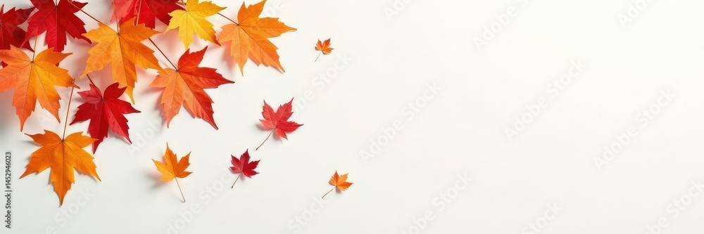 Obraz premium Tiny leaves of maple tree fall on clean white surface, white, color