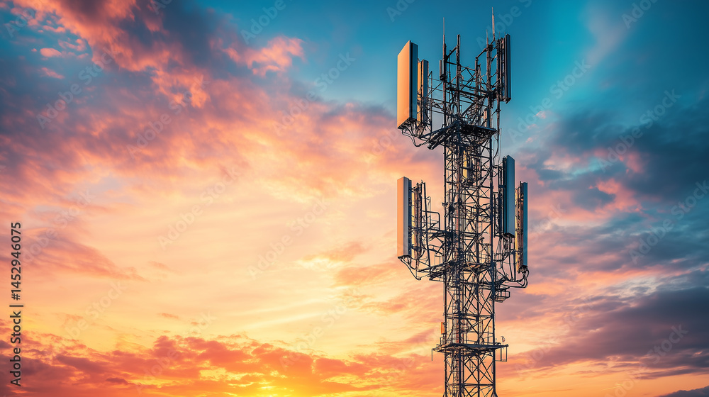 Fototapeta premium Telecommunication tower under starry sky at colorful twilight scene