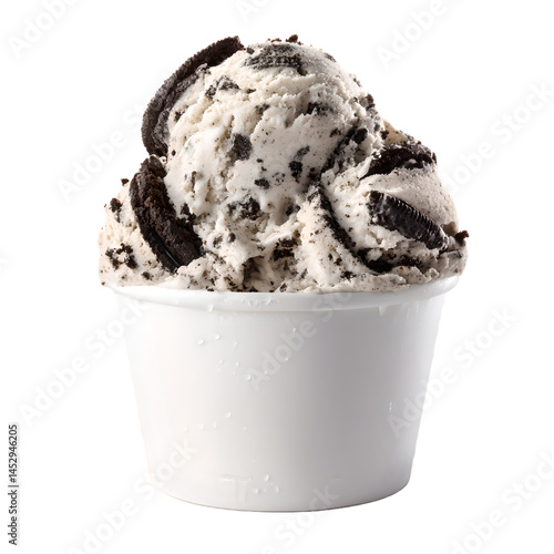 oreo cookie ice cream scoop in paper cup on transparent background