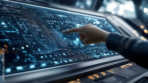 Futuristic touchscreen interface with technology holograms in a high-tech environment