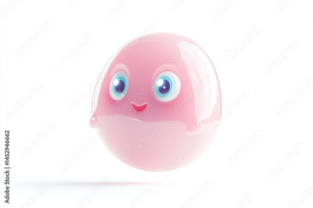 Fototapeta premium A cute, glossy, pink, spherical character with big blue eyes and a small smile on a white background.