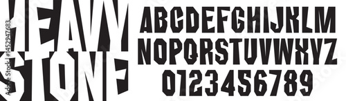 Heavy Chopped simple font on the theme of urbanism, stone, concrete, rock. Set of letters and numbers of the latin alphabet.