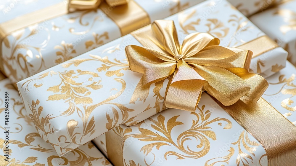 White gift boxes with gold ribbon White gift boxes with gold ribbon