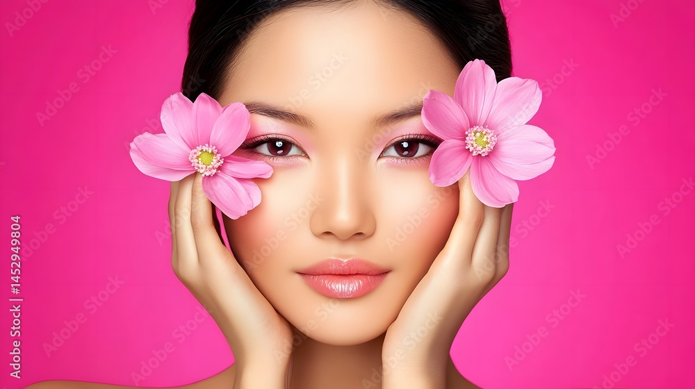 Beautiful Woman with Pink Flowers on Face Skincare Beauty Portrait Beautiful Woman with Pink Flowers on Face Skincare Beauty Portrait