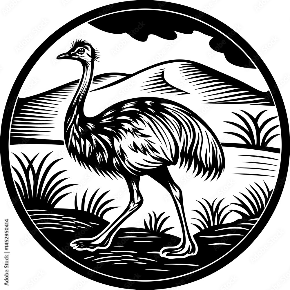 Obraz premium Minimalist vector of an Australian Emu walking through a red desert landscape, perfect for nature and wildlife designs.