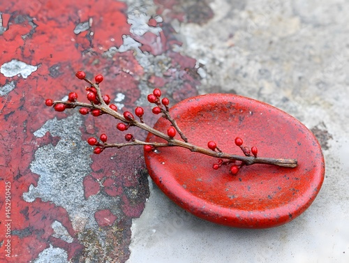 Red Berries Branch on Rustic Red Dish Still Life Photography photo