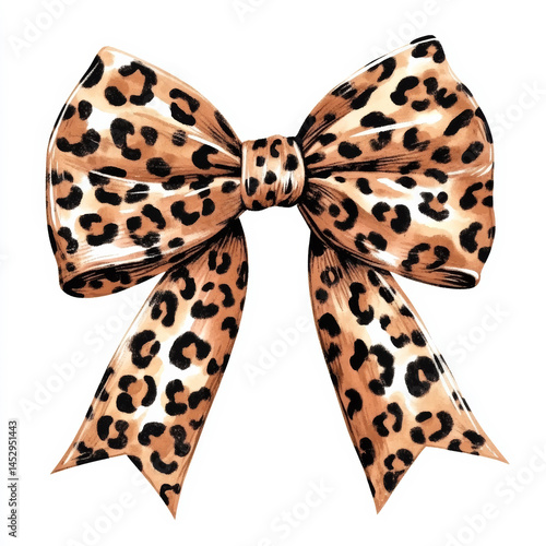 Watercolor leopard print bow illustration. Animal print ribbon, fashion decorative accessory, stylish jungle pattern, safari gift wrap, trendy cheetah design element