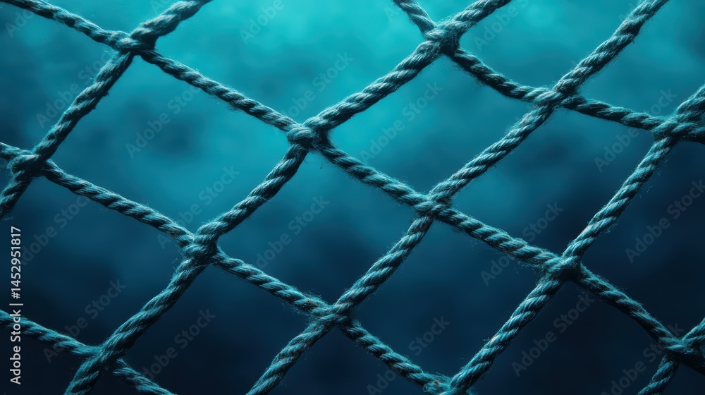 Fototapeta premium Detailed Close-up of a Fishnet Underwater with Soft Light and Blue Tones Creating a Calm Atmosphere