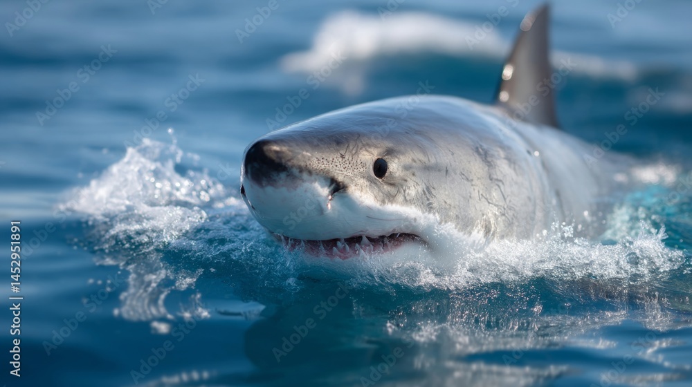 Obraz premium A great white shark swimming in the ocean with its mouth open