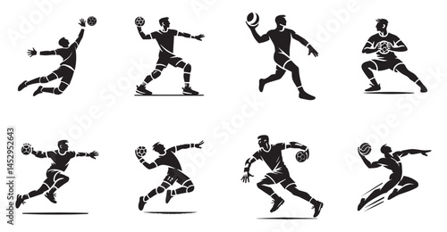 Male handball player silhouette set, sport action vector
