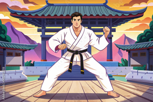 Vector illustration of taekwondo martial arts master in traditional uniform performing powerful pose. Discipline, strength, and combat skill concept ideal for sports branding, training visuals