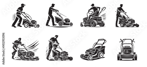 Set of lawnmower and gardener vector illustrations, silhouette icon  

