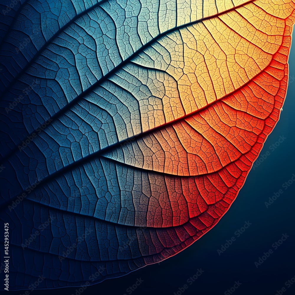 Fototapeta premium Abstract Closeup of Leaf Veins, Blue and Orange Gradient, Nature Texture