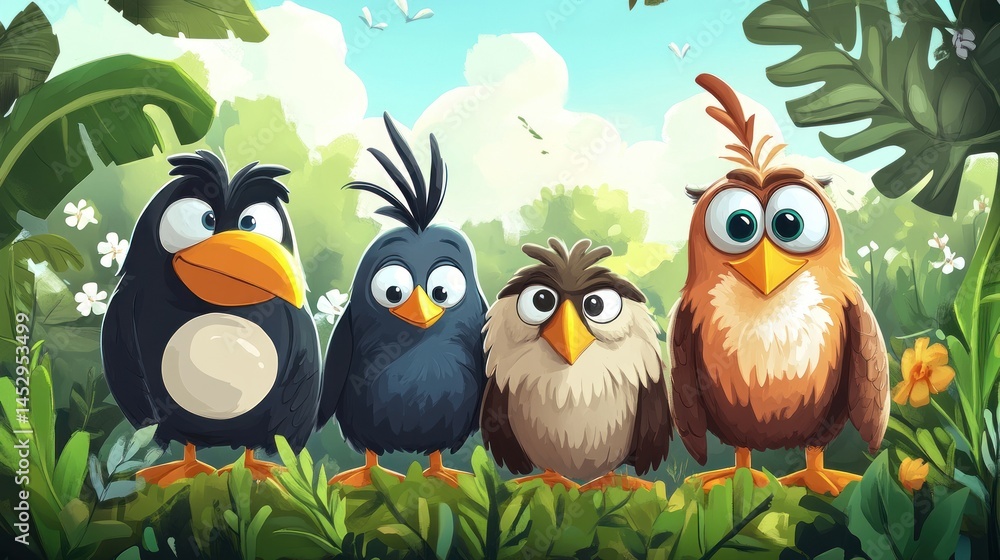 Four birds in a lush jungle setting Four birds in a lush jungle setting