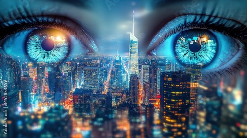 A mesmerizing view of New York City reflected in a vibrant blue eye, symbolizing the endless possibilities and beauty hidden within the urban landscape.
