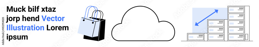 Shopping bags, cloud graphic, and stacked boxes with upward arrow indicating e-commerce growth and cloud storage potential. Ideal for retail, cloud computing, logistics, growth, business, e-commerce Shopping bags, cloud graphic, and stacked boxes with upward arrow indicating e-commerce growth and cloud storage potential. Ideal for retail, cloud computing, logistics, growth, business, e-commerce