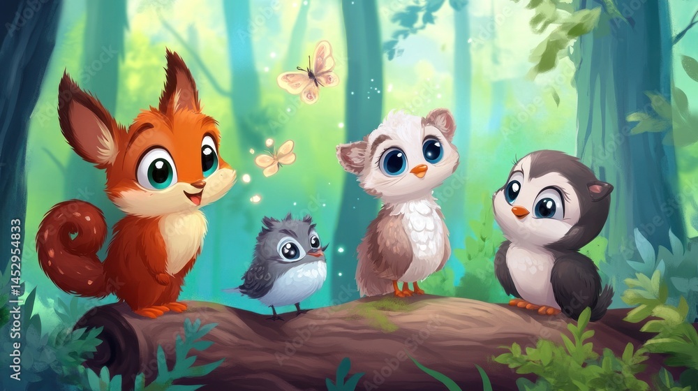 Cute woodland creatures on a log Cute woodland creatures on a log