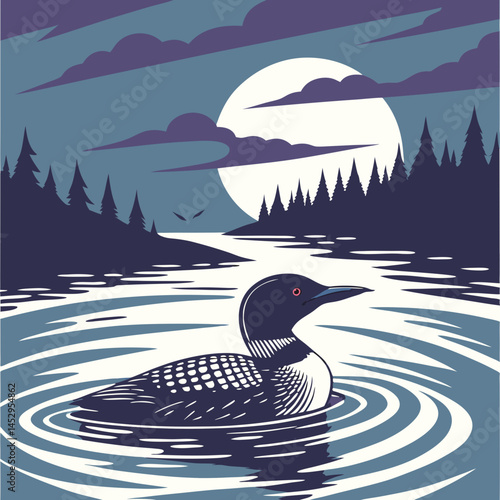 A serene artistic depiction of a common loon swimming in a northern lake, capturing nature’s tranquility.