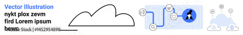 Cloud outline, user profile image in blue frame, highlighted data sharing paths, and icons representing connections and storage. Ideal for technology, communication, networking, profiles, data