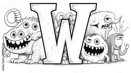 Entertaining Coloring Page with Monsters Alphabet Letter W for Kids Learning