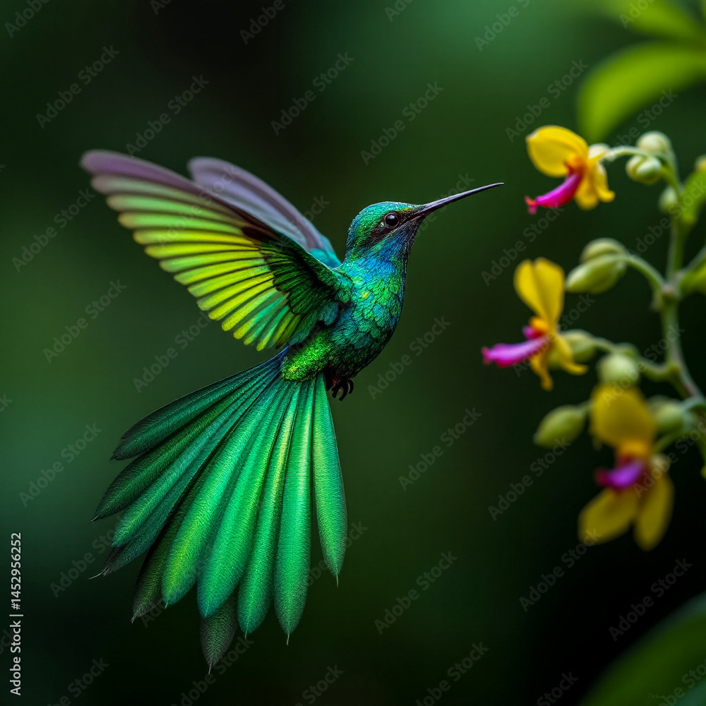 Fototapeta premium ong-tailed Sylph in the cloud forests of Ecuador — A dazzling hummingbird with a glittering green body and impossibly long iridescent tail feathers, hovering near orchids.